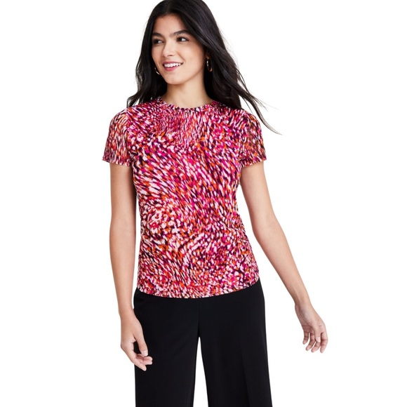 Bar III Tops - 434M NWT Bar III Women's Printed Short-Sleeve Mesh Top, Sunset Rose - Size: XXS
